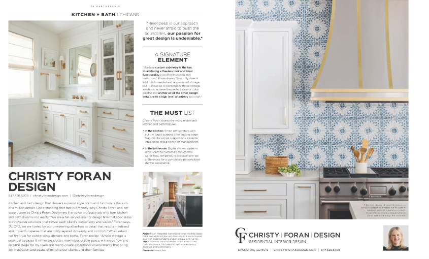 A two-page spread from a magazine featuring a kitchen and bathroom design by Christy Foran Design.